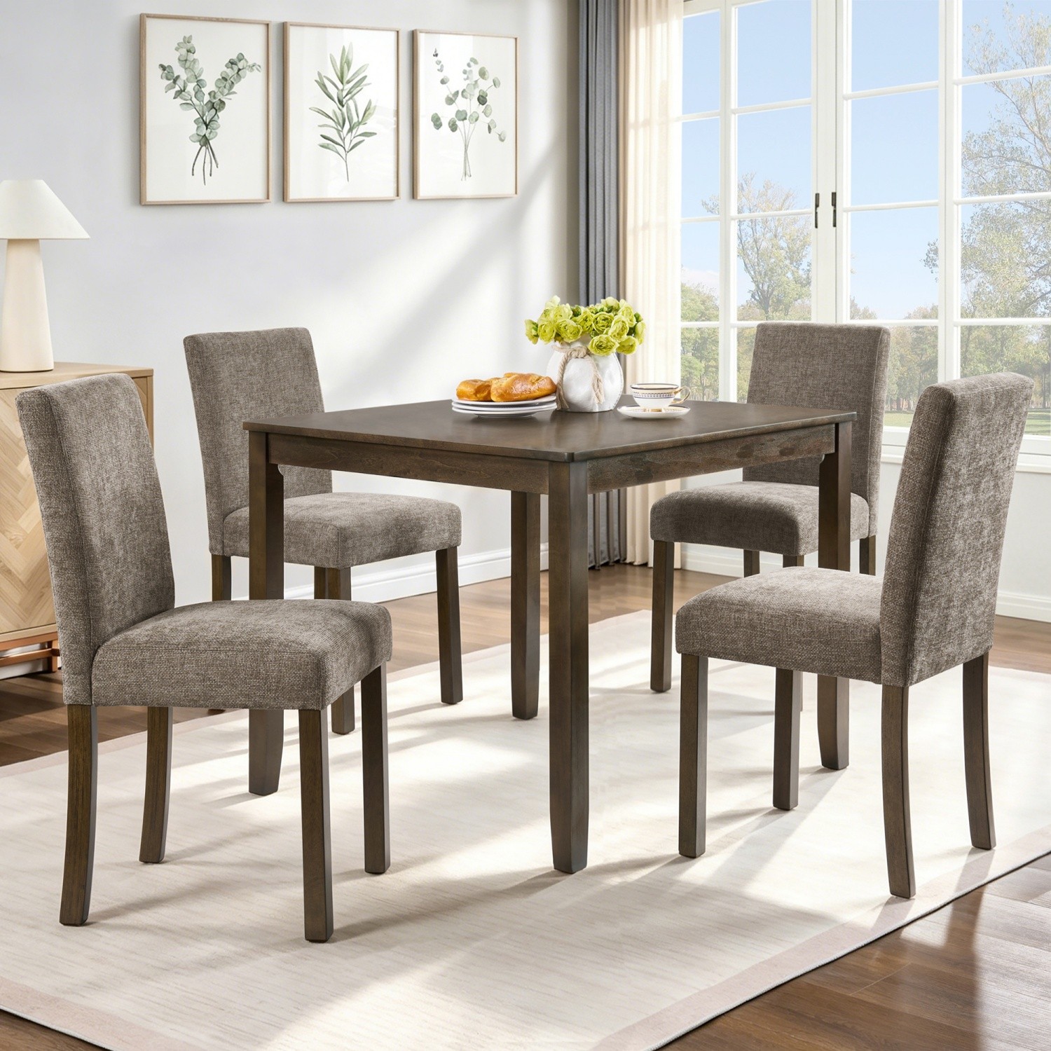 5-Piece Rustic Dining Table Set Square Wood with 4 Chenille Upholstered Chairs gallery