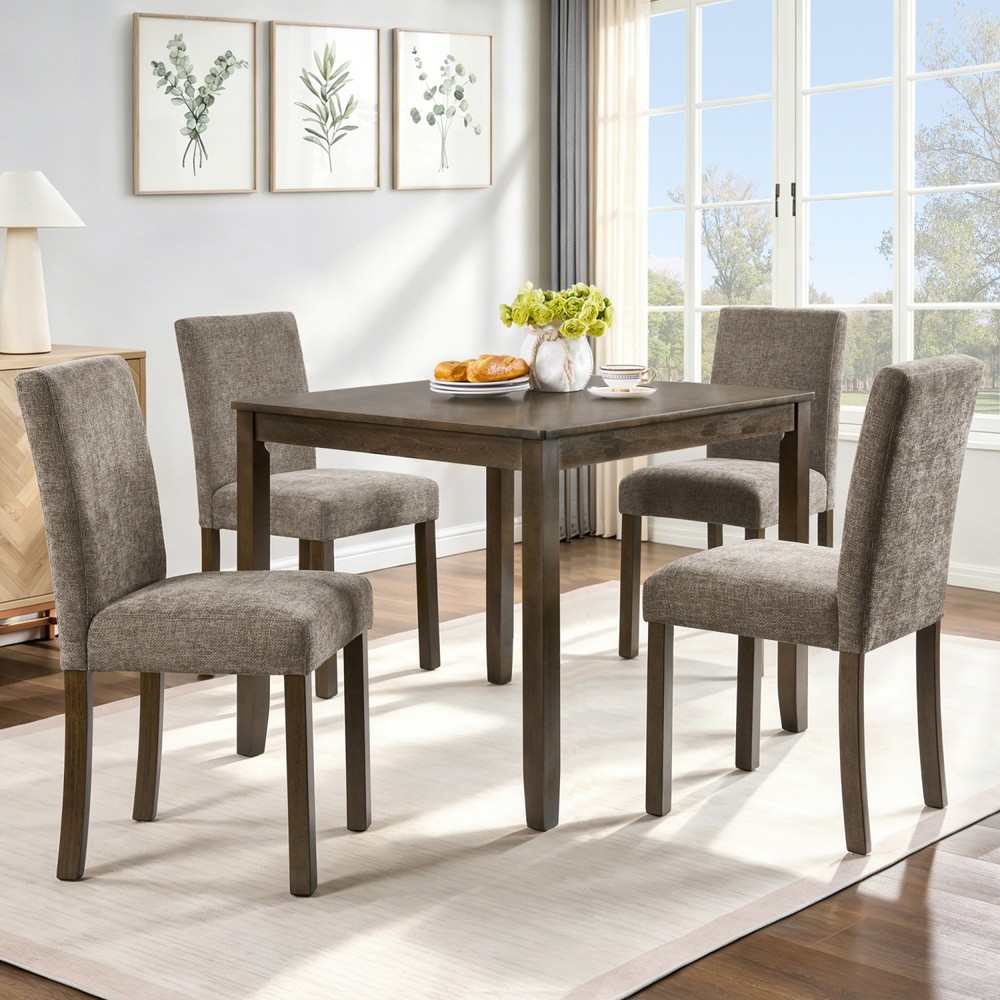 5-Piece Rustic Dining Table Set Square Wood with 4 Chenille Upholstered Chairs