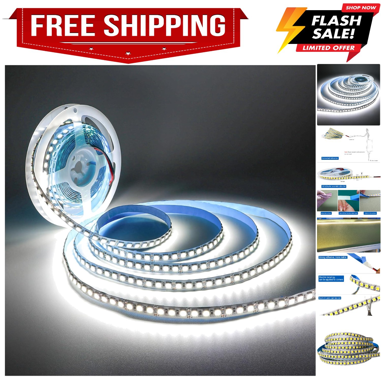 12V LED Strip Light, White 6000K 16.4ft 10000 lm Super Bright SMD 5050 Total... gallery