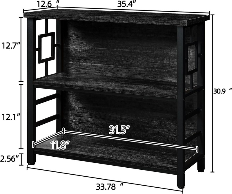 3 Tier Bookshelf Black Engineered Wood Metal Storage Bookcase Low Shelf gallery