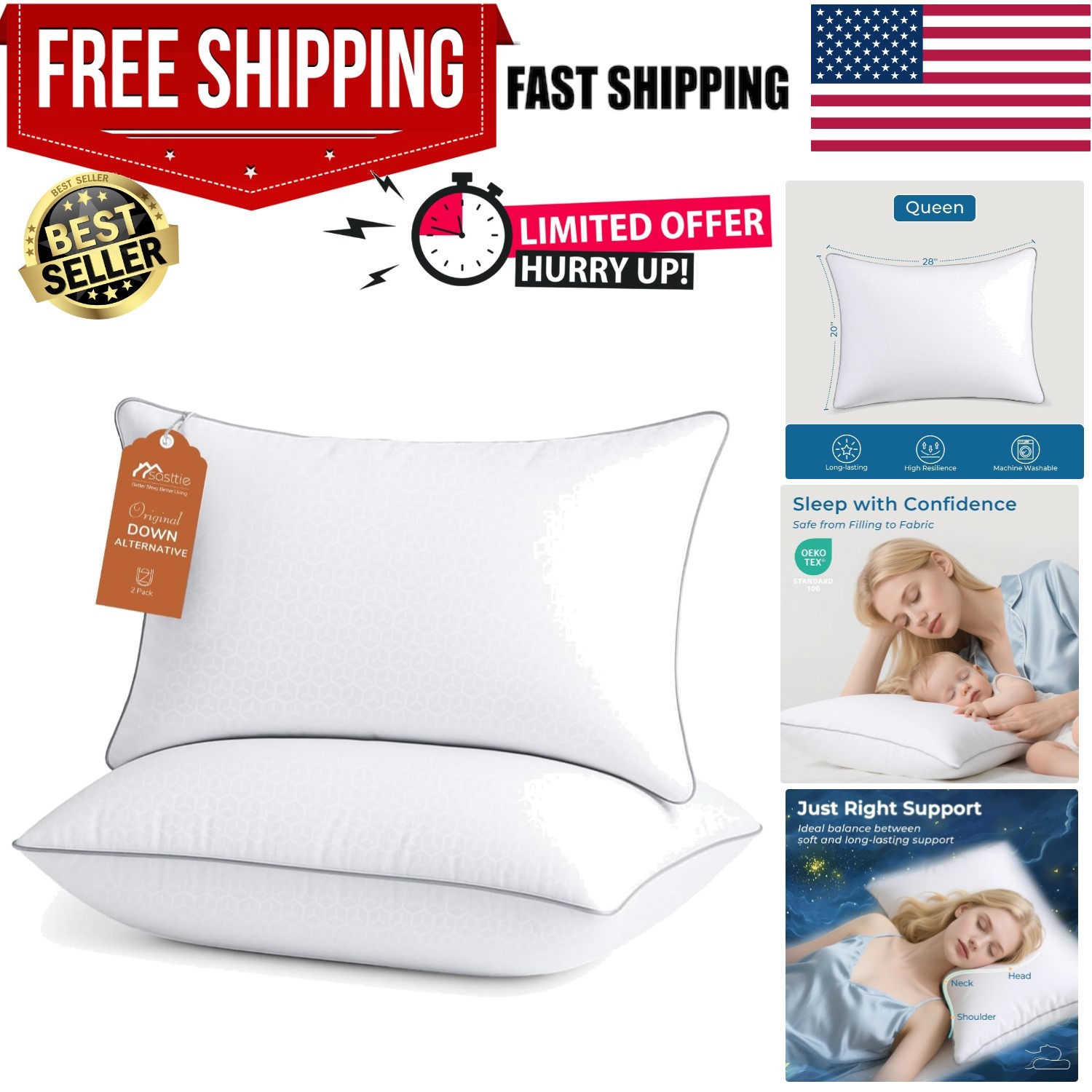 Extra Super Firm PIllows Serta Bed Sleeping Pillow Standard Queen Soft Set of 2 gallery