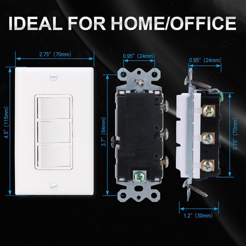 Triple Rocker Light Switch with Wall Plate, 15A 120V Single Pole, 3 Individua... gallery