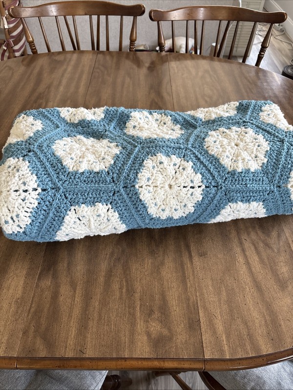Handmade Crochet afghan Hexagon Pattern Blue and White. 47in. x 72 Granny Core gallery