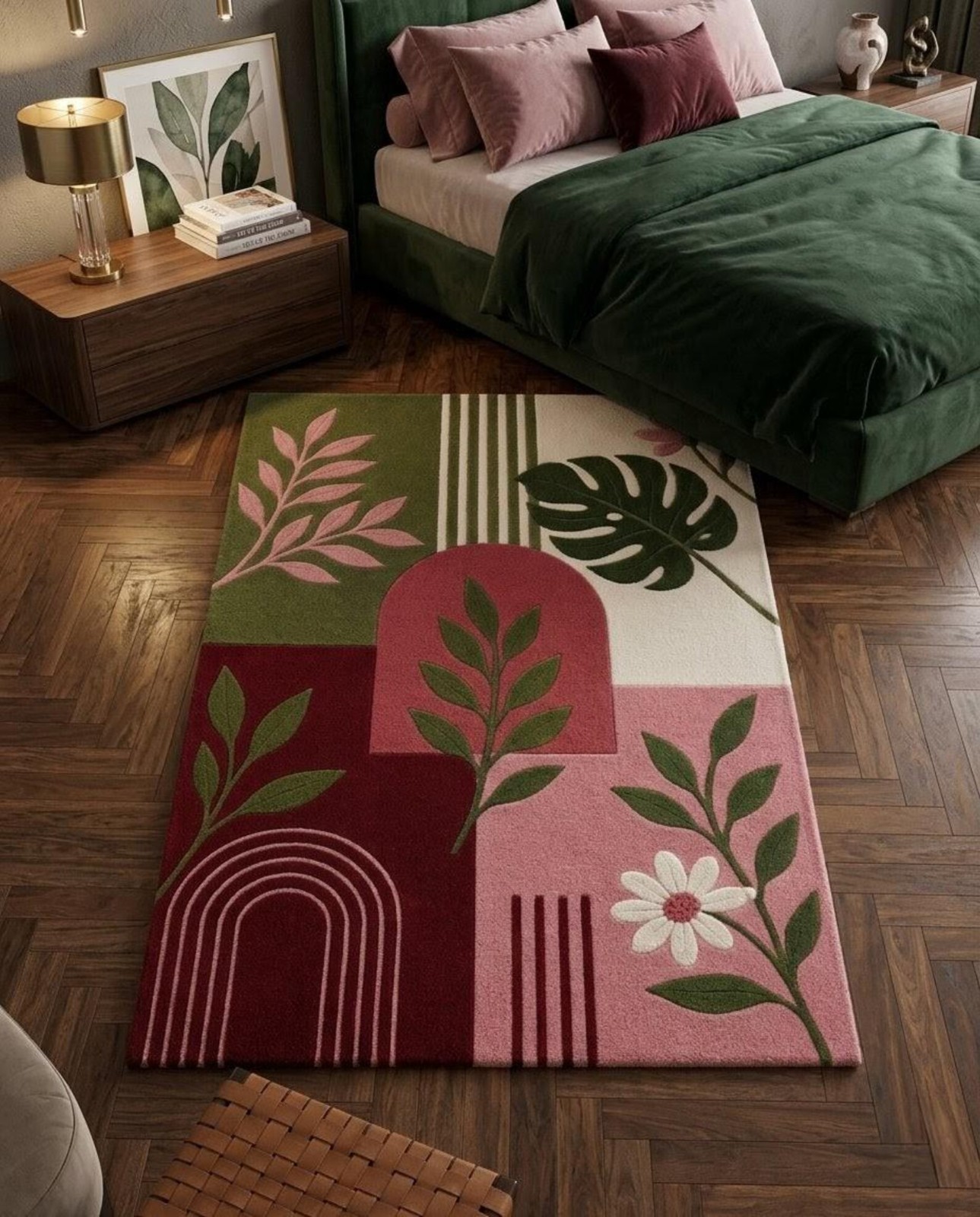 Modern Botanical Tufted Rug Handmade Wool Area Rug Pink Green Floral Carpet gallery