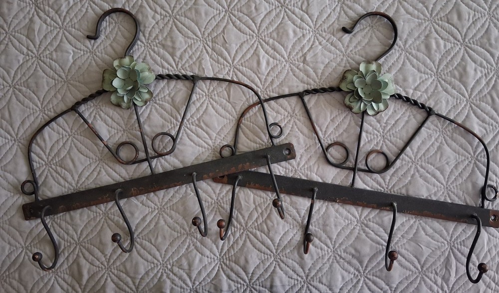 2 Rustic Metal Racks With Hooks Primitive Wall Mounted With Metal Floral Accent