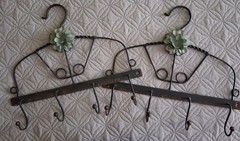 2 Rustic Metal Racks With Hooks Primitive Wall Mounted With Metal Floral Accent