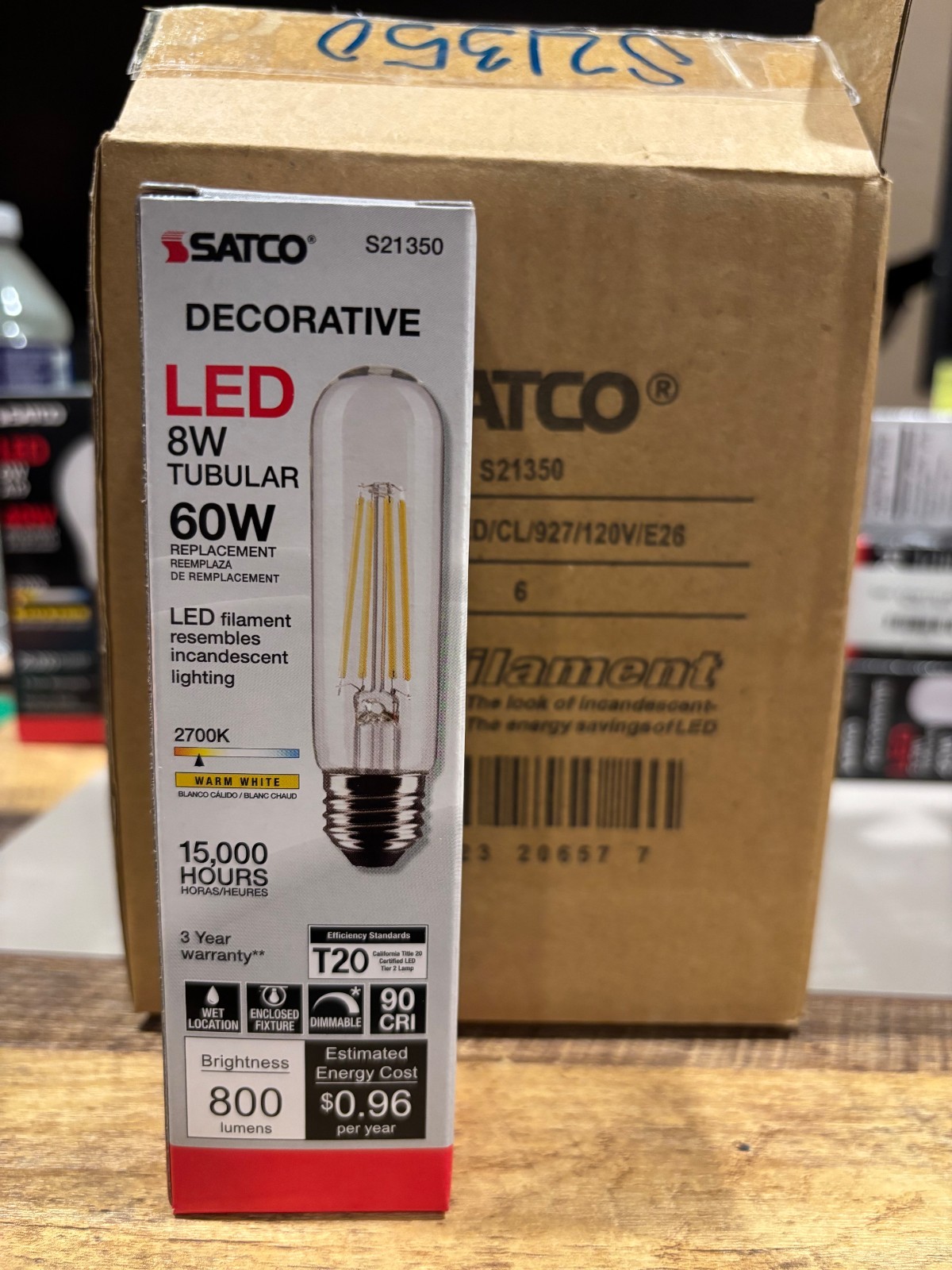 Satco S21350 8 Watt T10 LED; Clear; Medium base; 90 CRI; 2700K; 120 Volt gallery