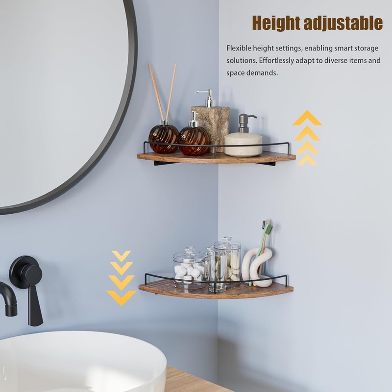 Rustic Brown Wood Corner Floating Shelves Wall Mount Wooden Storage Set of 2 gallery