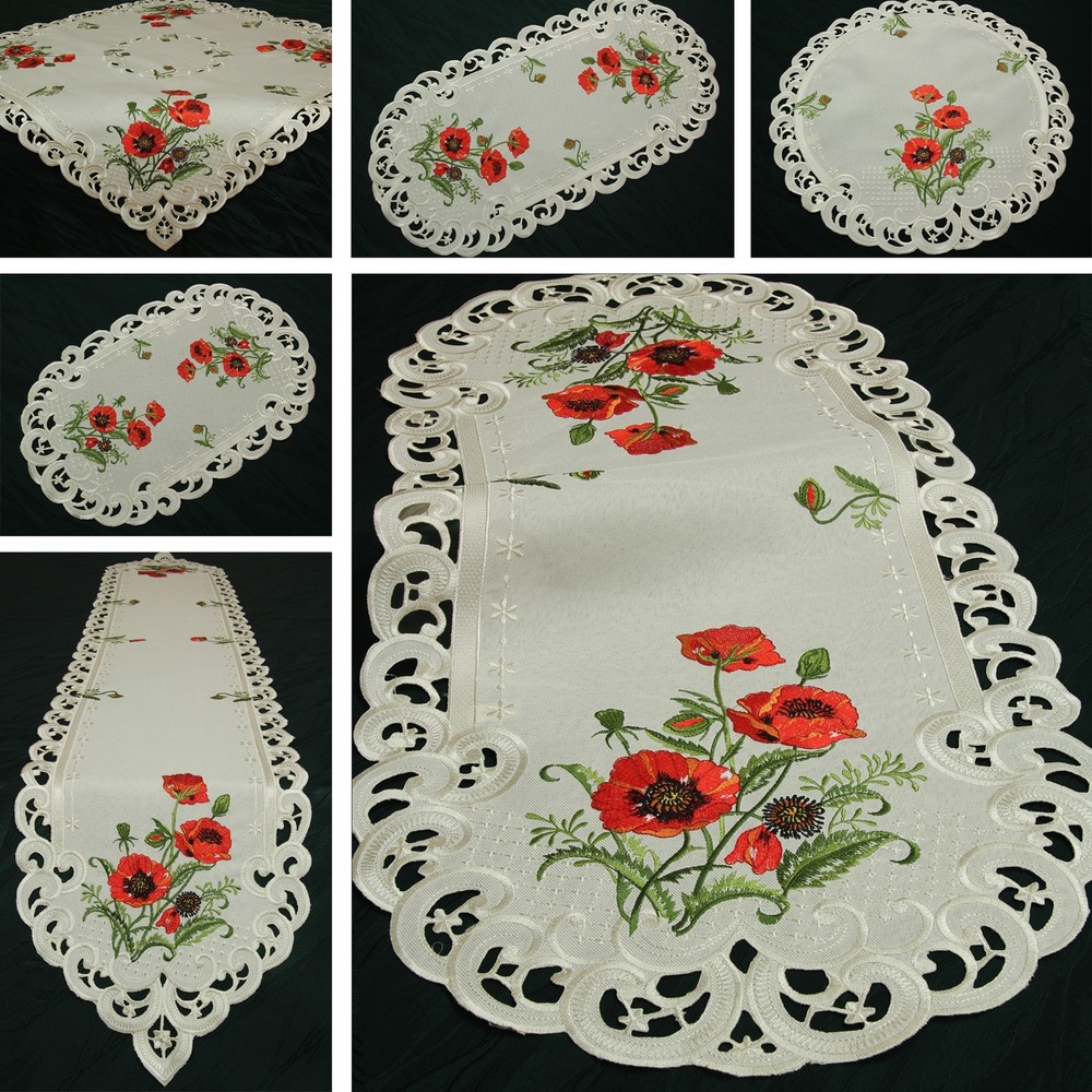 Red Poppy Doily Table runner Tablecloth Linen-look Cream with Flower Embroidery