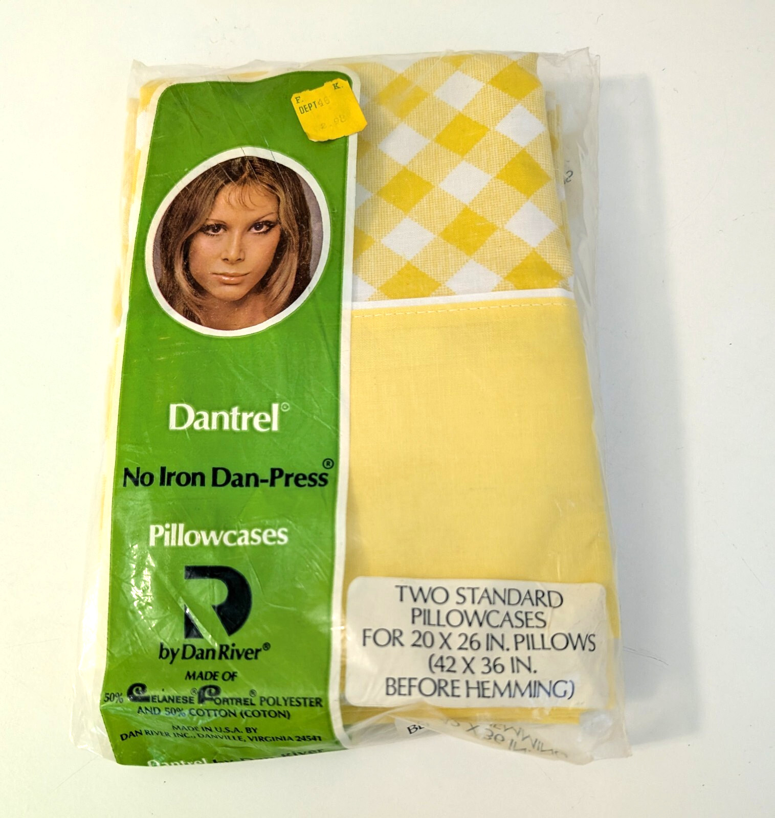 VTG Dantrel pillowcase set standard Dan River yellow gingham plaid spring NEW gallery