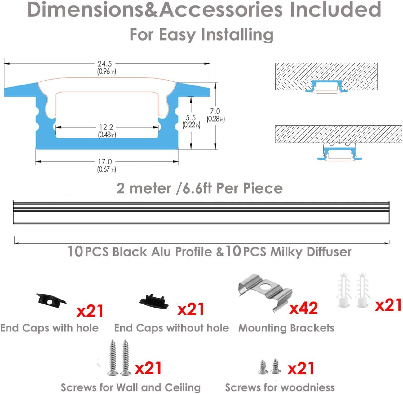 10 Pack 6.6Ft 2M Black LED Aluminum Channel,Recessed LED Strip Light Diffuser Al gallery