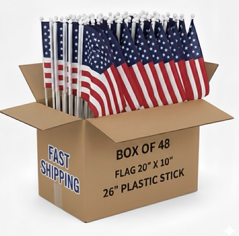 American Flag 20” X 10” Includes Display Box (48Flags) 26” Plastic Stick gallery