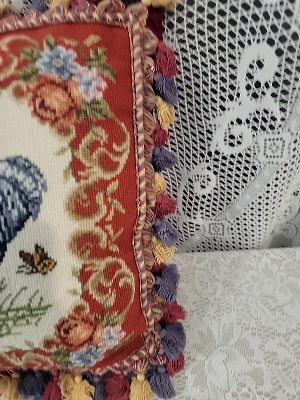 French Provencial Needlepoint Rooster & Butterflies 16 x 16 Pillow Wool Velt Tas gallery