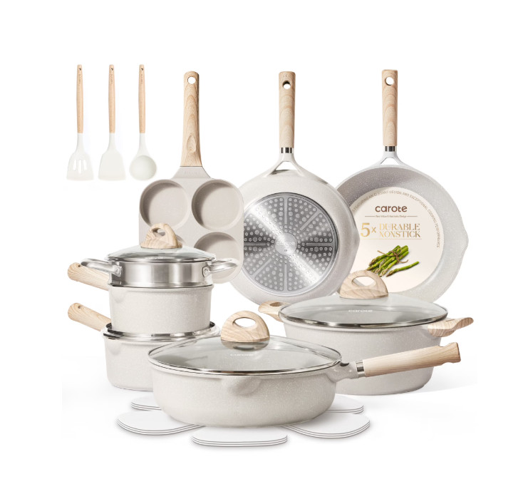 Carote 21-Piece Nonstick Cookware Set, Induction Ready Beige gallery