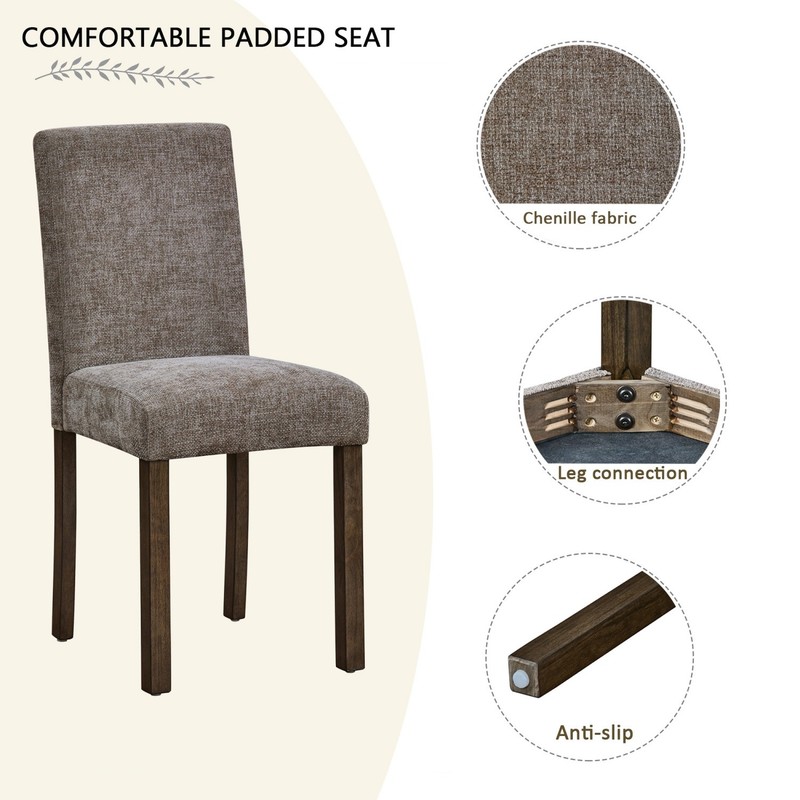 5-Piece Rustic Dining Table Set Square Wood with 4 Chenille Upholstered Chairs gallery