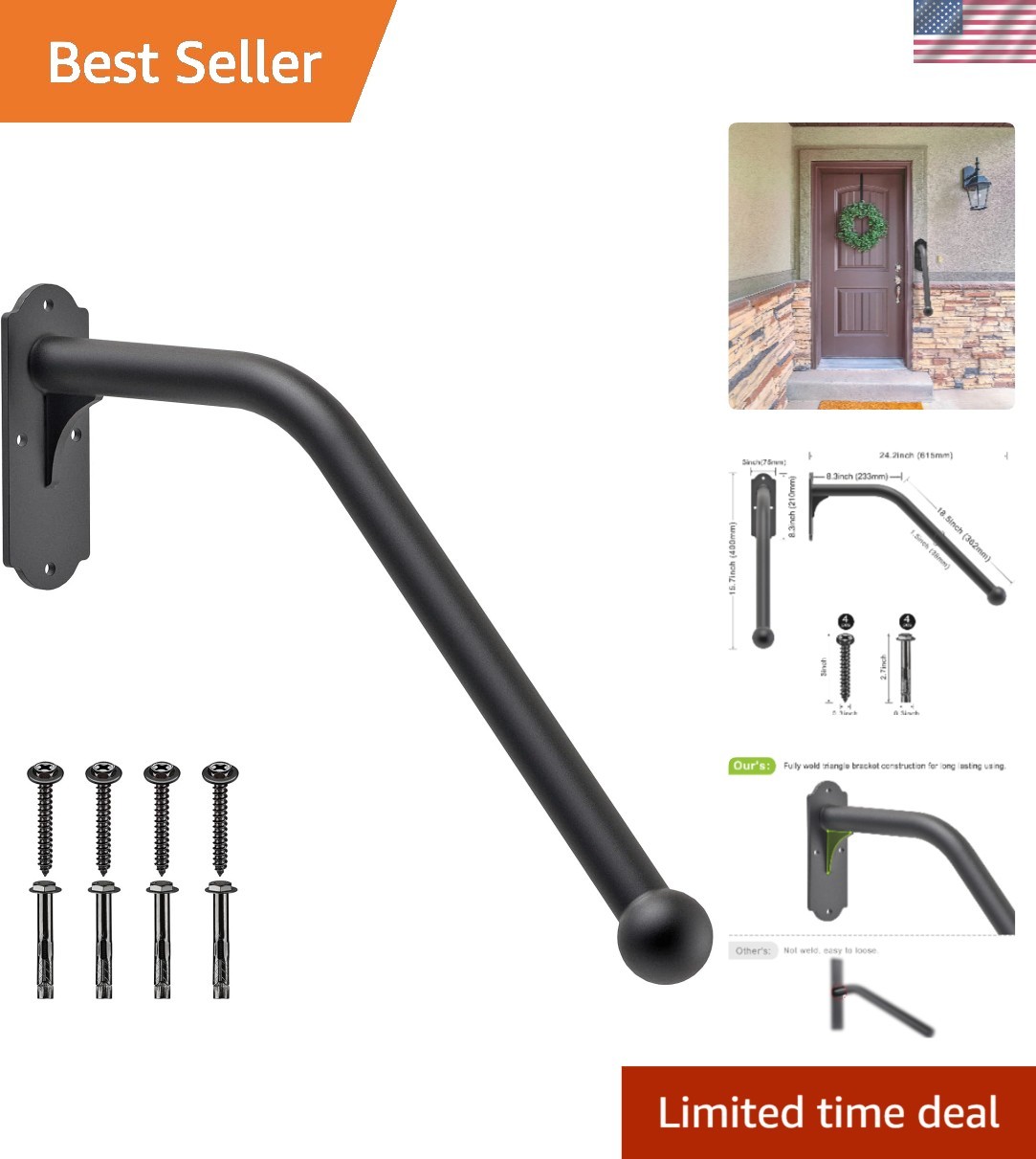 Fully Welded Black Steel Handrail | Safety Grab Bar for Elderly | 24'' Length gallery