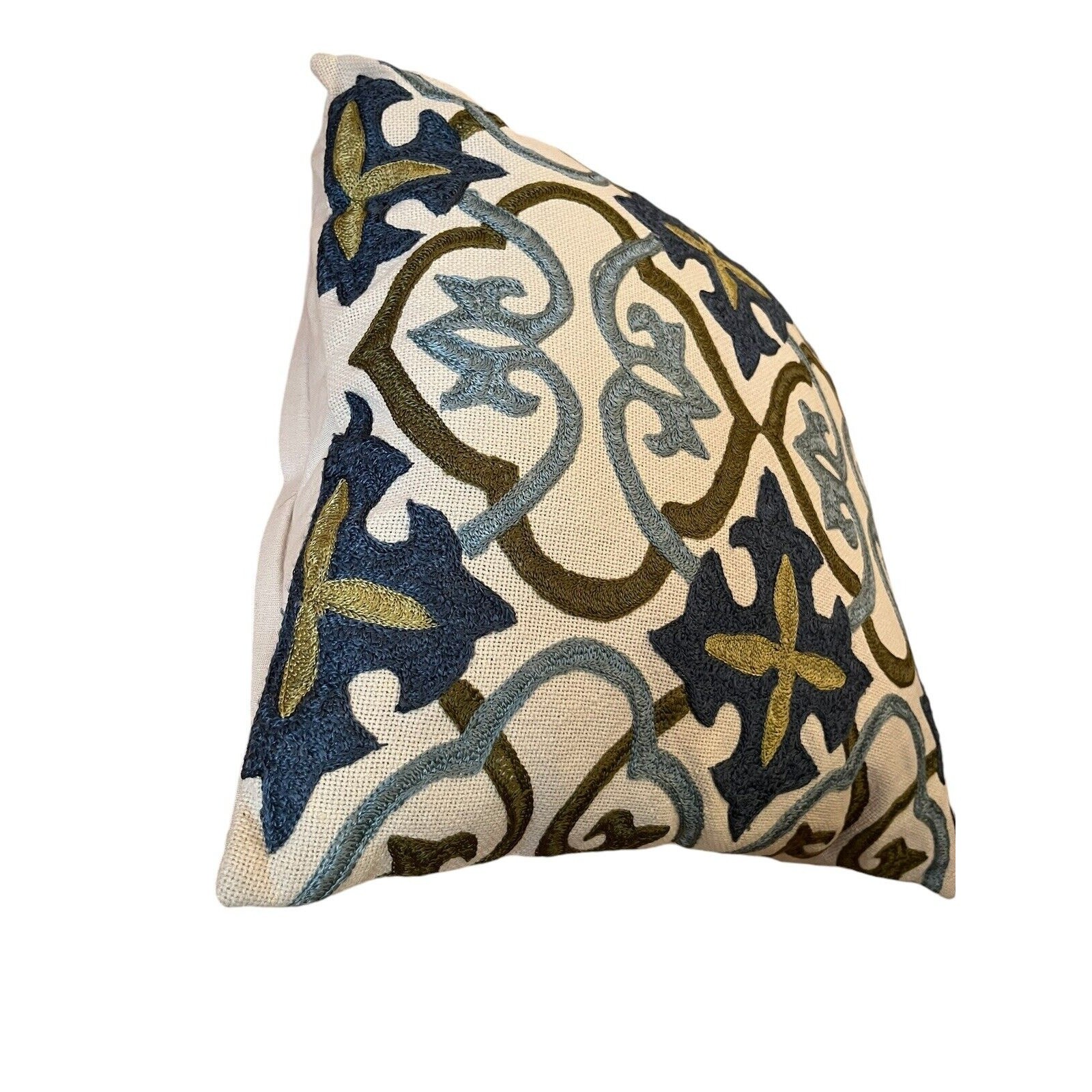 Pier One Imports Toss Pillow Embroidery Like Decor 17x17” Blue Green Beige Olive gallery