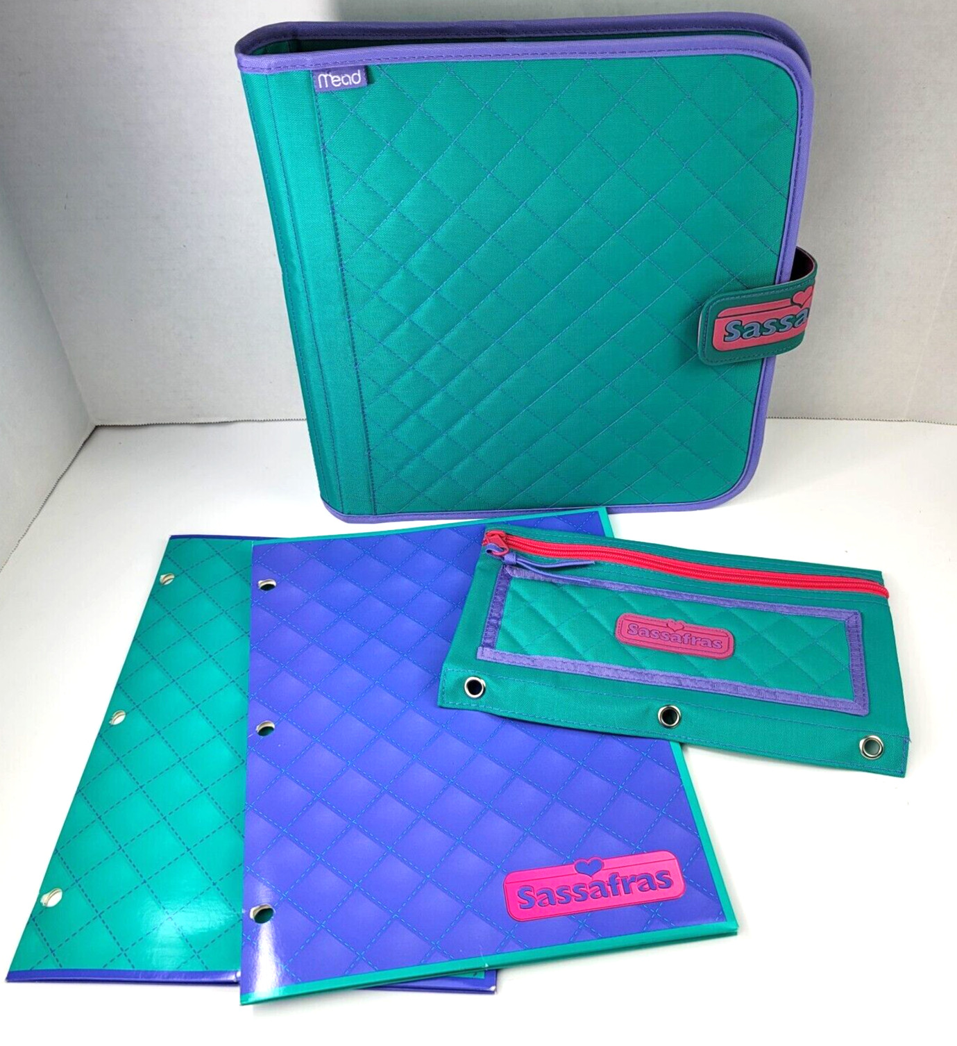 Mead Sassafras Quilted Trapper Keeper Binder Teal Purple 2 Folders Zipper Pouch gallery