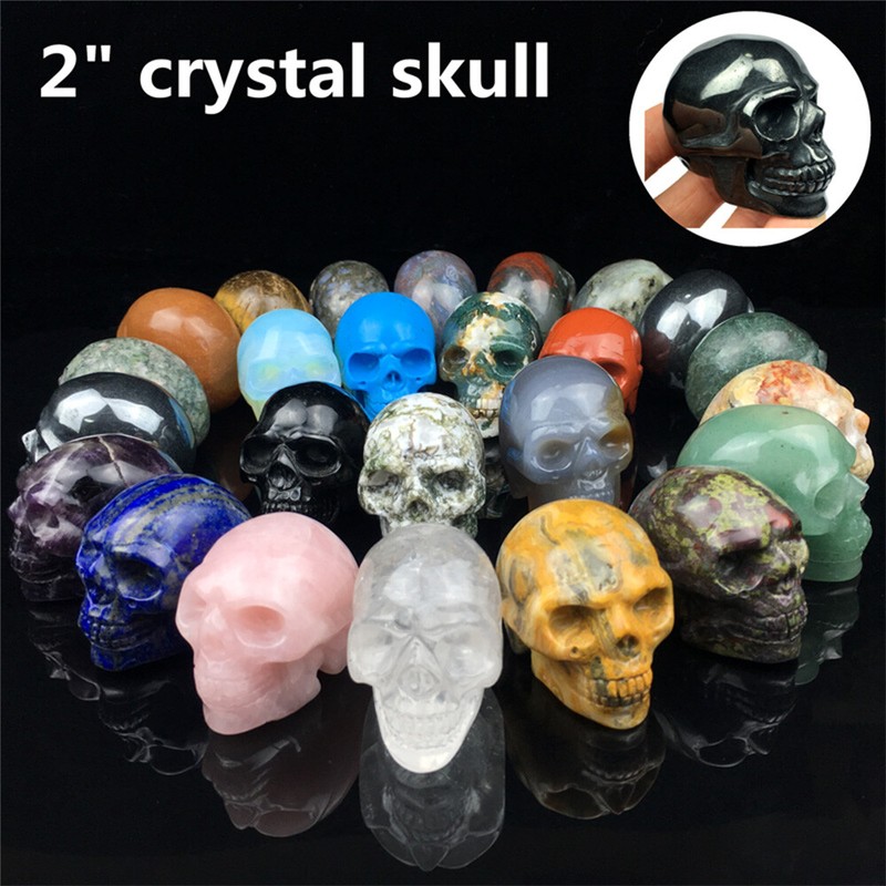 2" Flame Stone Pink Quartz Crystal Skull Obsidian Halloween Malachite Polished gallery