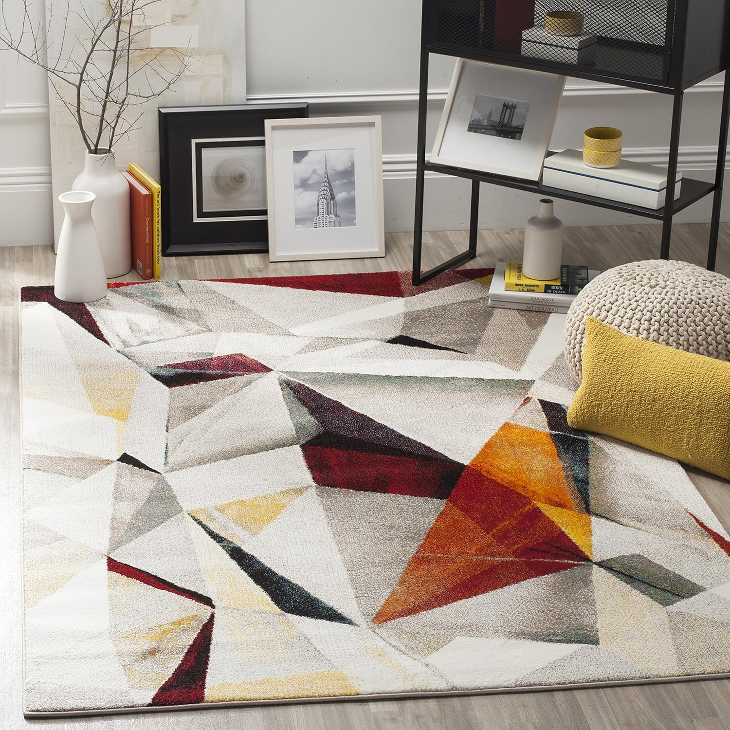 Modern Abstract Light Grey & Orange Area Rug - 10' Square, Easy Care gallery