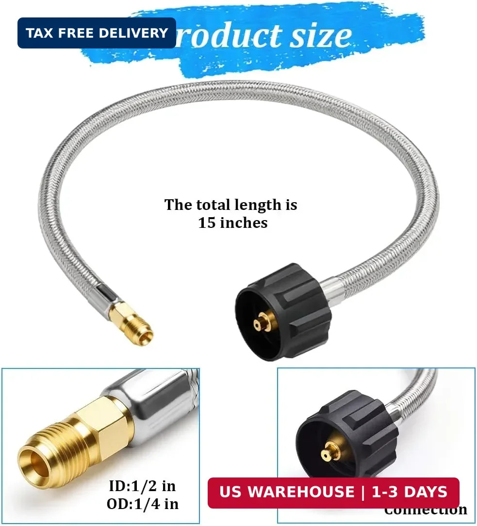 2PCS 15" RV Propane Hoses with Gauge, Camper Braided Hose with 1/4" Male NPT & Q gallery