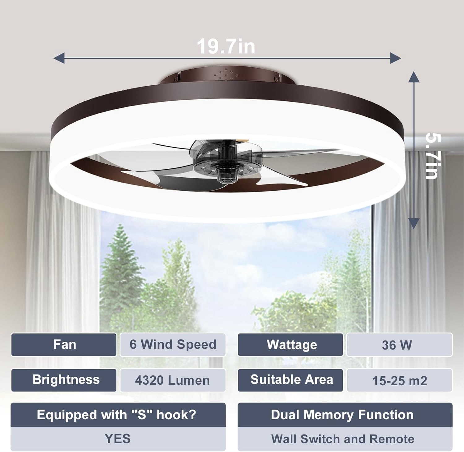 VOLISUN Low Pro 20" Ceiling Fan Fandelier LED Lights Remote APP Control Brown gallery