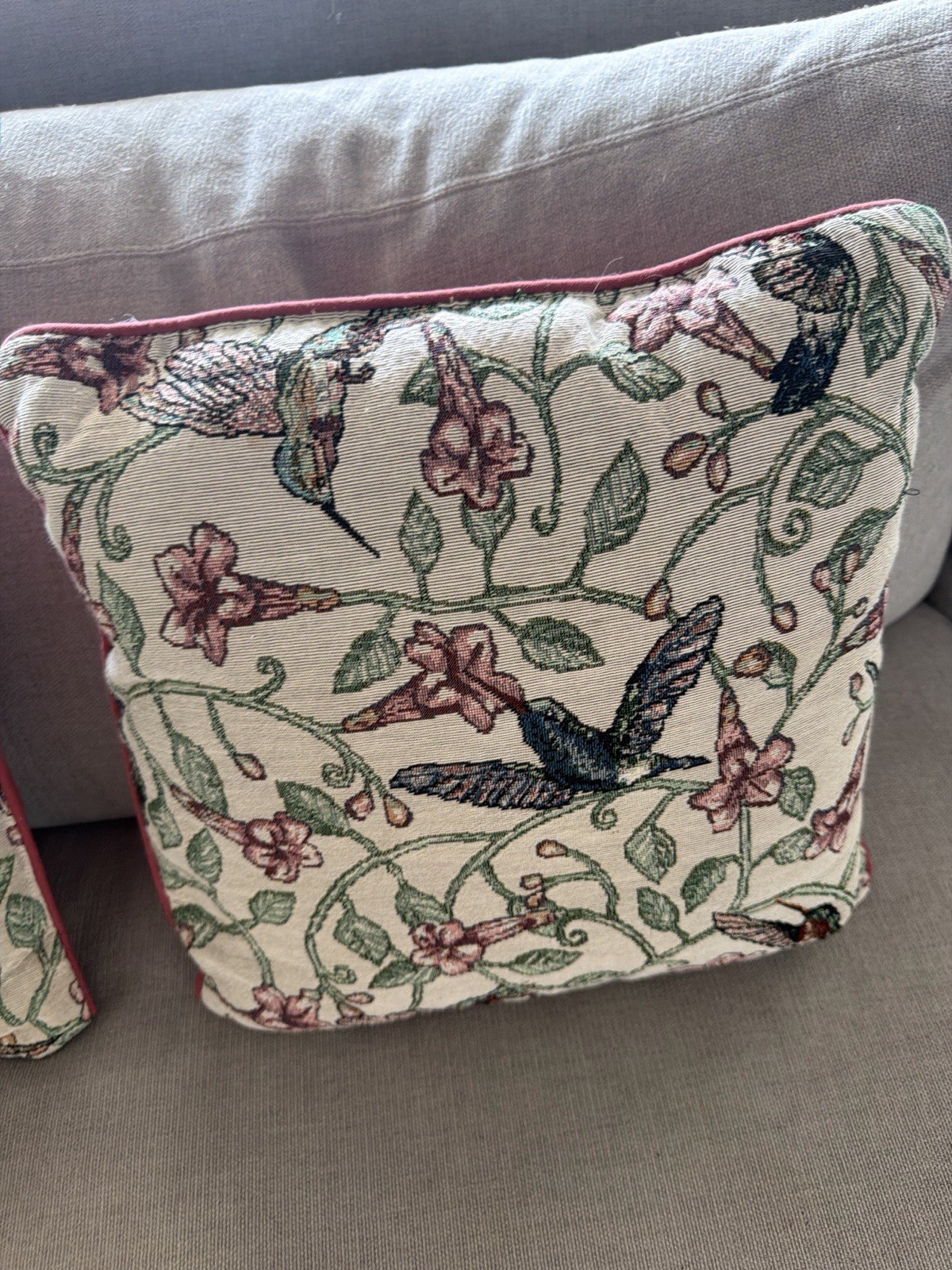 Hummingbird Floral Tapestry Throw Pillows Pair 15x15 Cottage Garden Decor VTG gallery