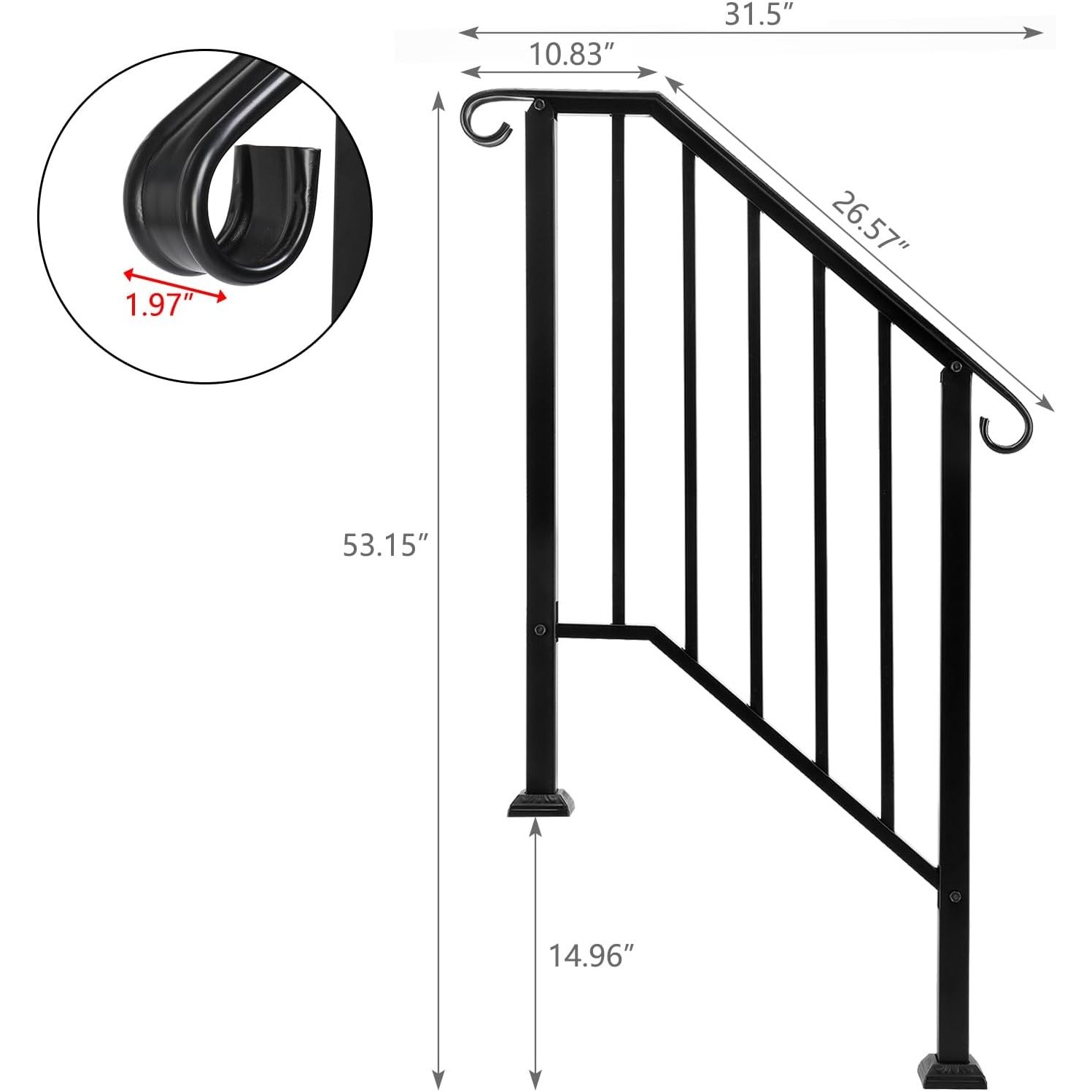 VINGLI Handrail for 2-3 Steps; Wrought Iron Railing Kit with 5 Balusters - Black gallery