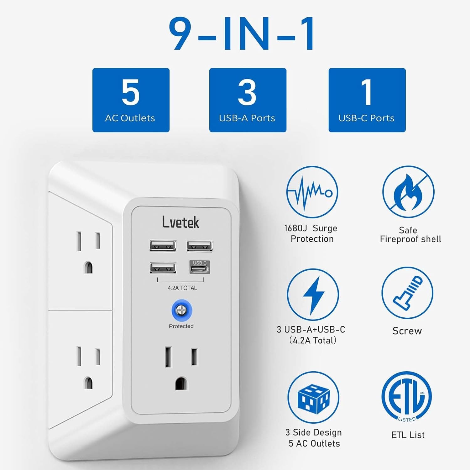 5 Outlet Extender Multi Plug Wall Outlets with 4 USB Charging Ports 1 USB C O... gallery