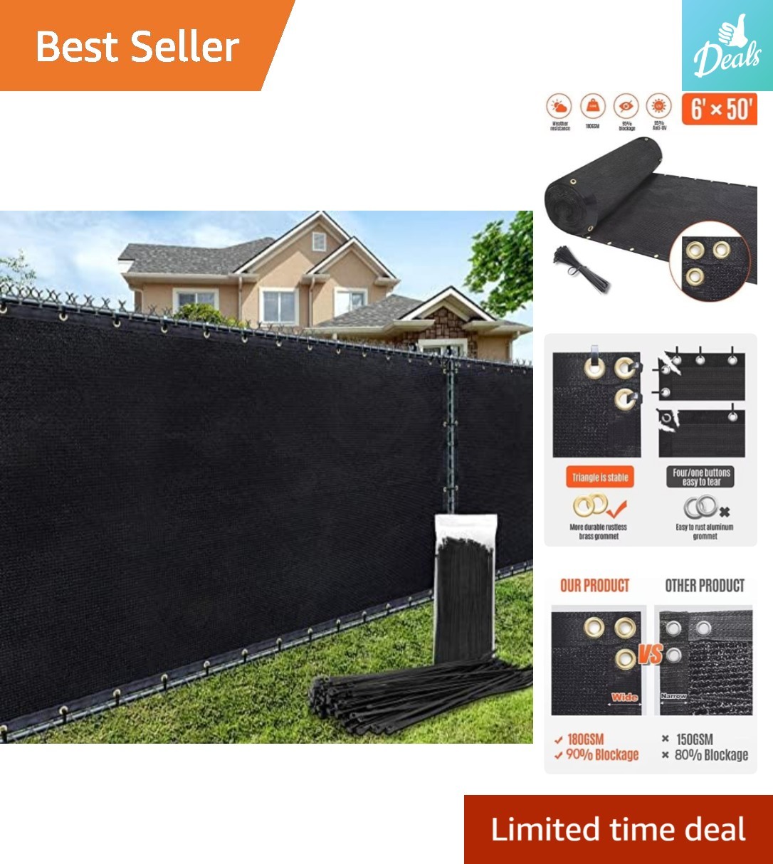 Durable 180GSM Privacy Screen 6ft x 50ft - Black Garden Fence with UV Block gallery