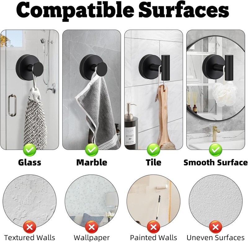 4 Pack Suction Cup Hooks for Shower - Stainless Steel Towel Hooks for Bathroom, gallery