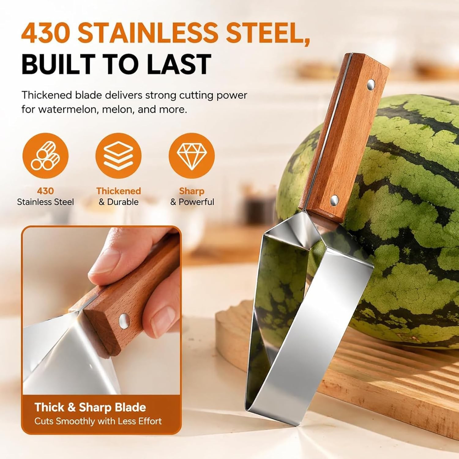 Stainless Steel Watermelon Slicer Cutter, Triangle Fruit Cube Cutter with Wooden gallery