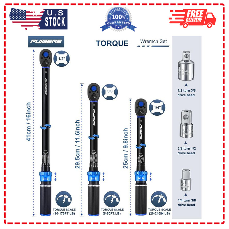 3pcs Torque Wrench Set 1/2 3/8 1/4in Click 10-170 ft lb gallery