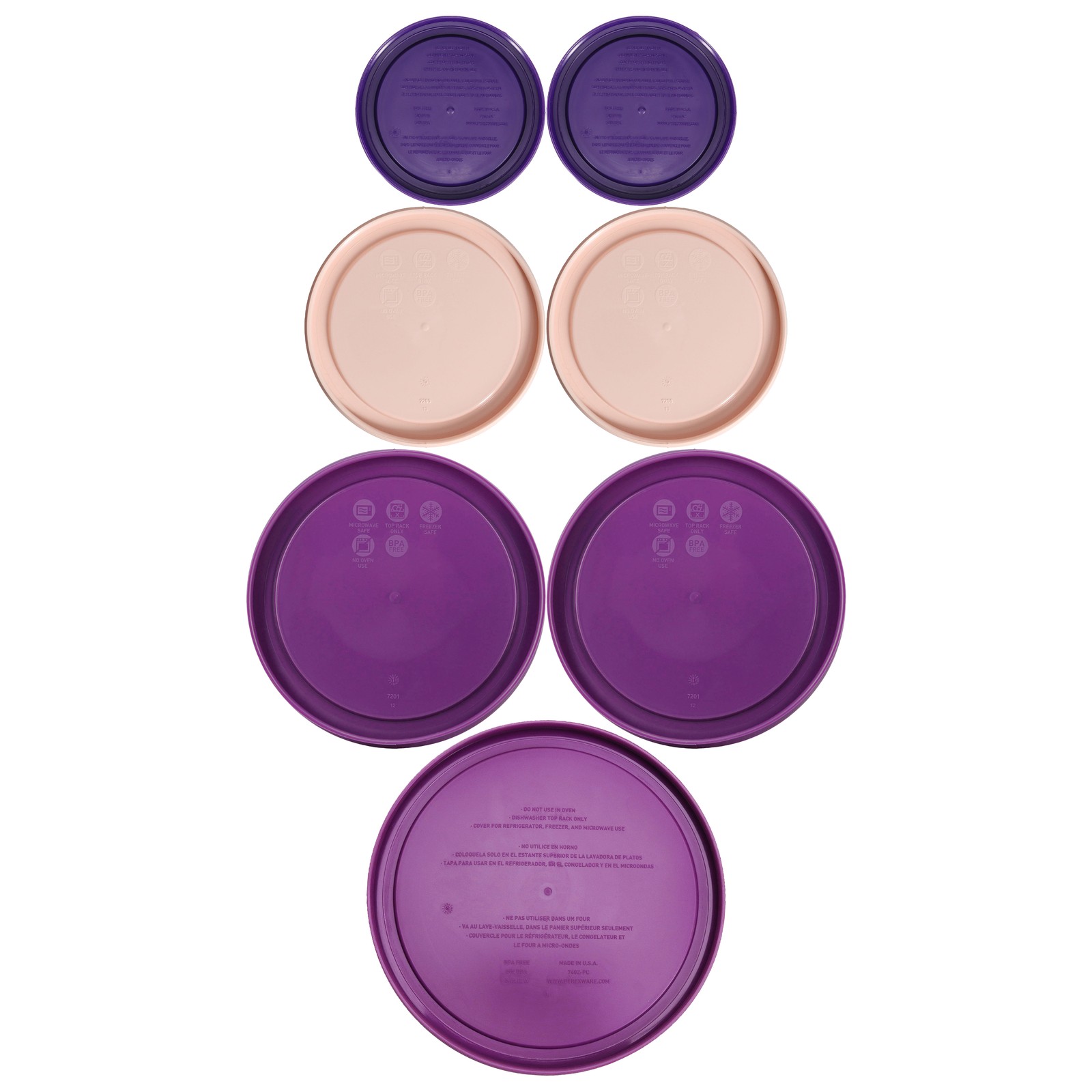 Pyrex Lids: (2) 7202-PC PLM, (2) 7200-PC RSW, (2) 7201-PC PUR, (1) 7402-PC THI gallery