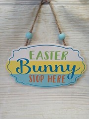 New “Easter Bunny Stop Here” Hanging Wood Sign Decor Ornament Spring Carrots Egg