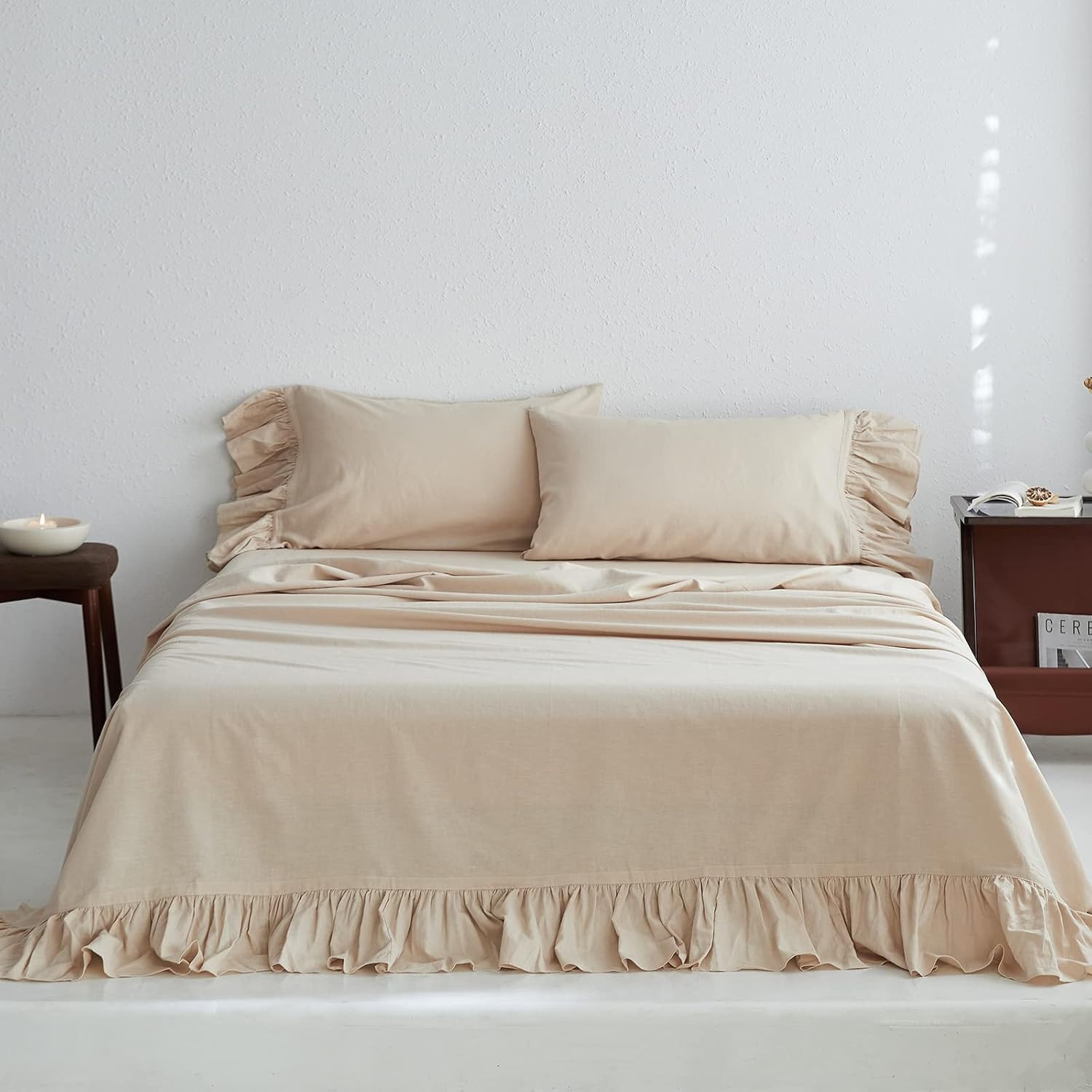 Vintage Chic Belgian Linen Sheet Set with Ruffles - Queen Size 4Pcs gallery