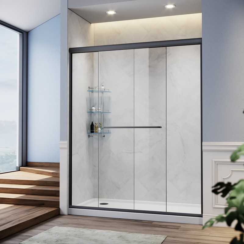 SUNNY Semi-Frameless 48’’x72’’ Double Sliding Bypass Shower Door 1/4 Glass Black gallery