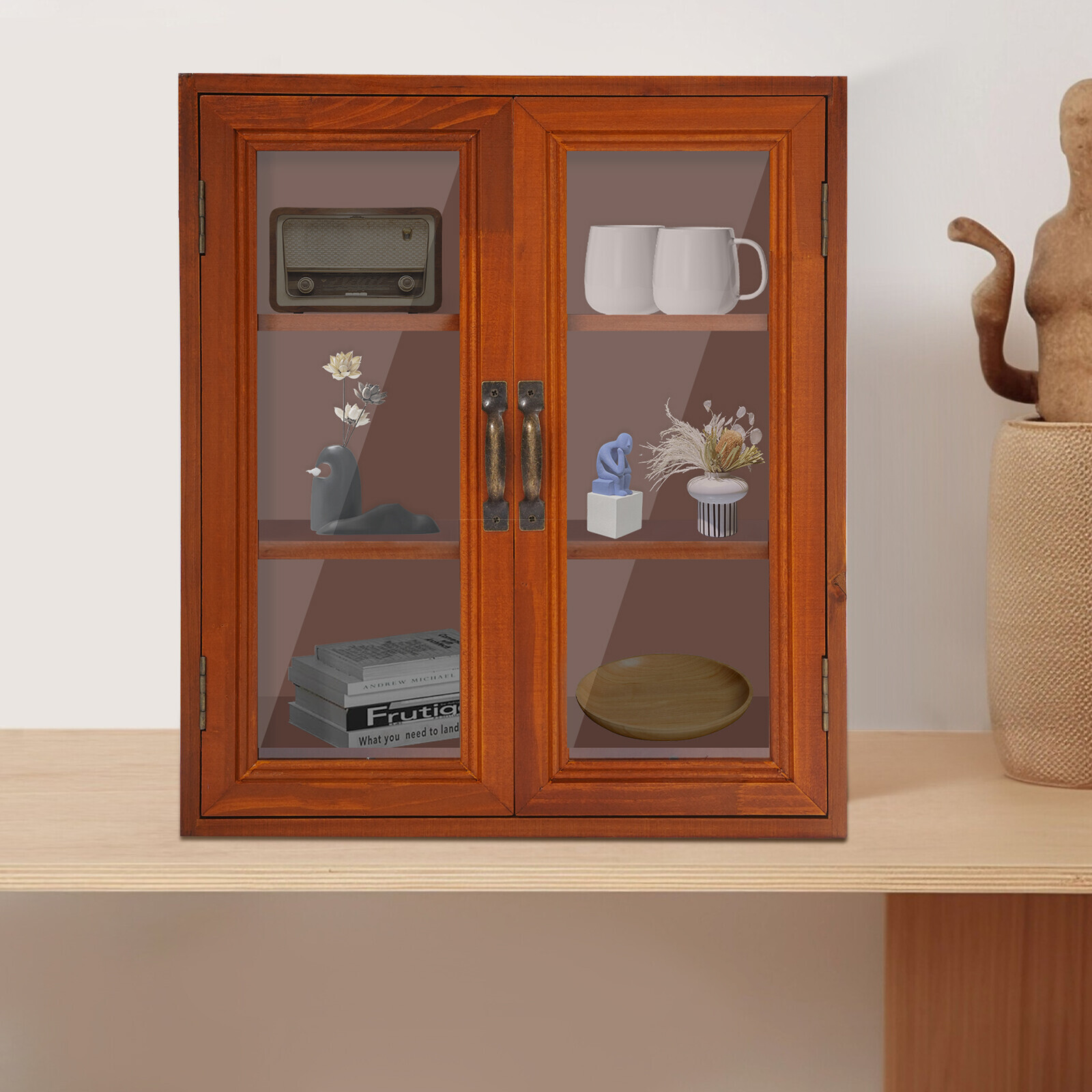Wood Storage Cabinet 3-tier Storage Cupboards Double Door Pantry Cabinet Brown gallery