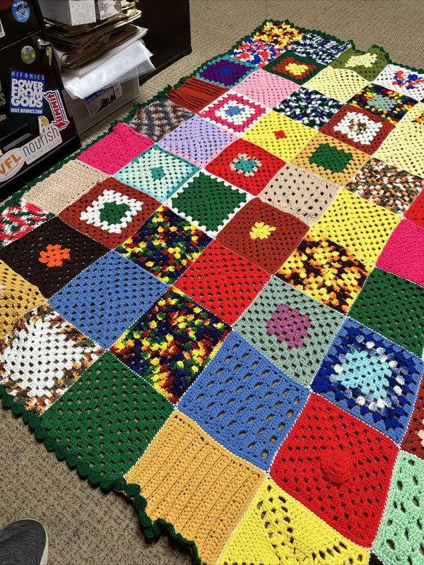 Vintage Granny Square Handmade Throw Blanket Hippie Knit Crochet 66 x 62 Roseann gallery