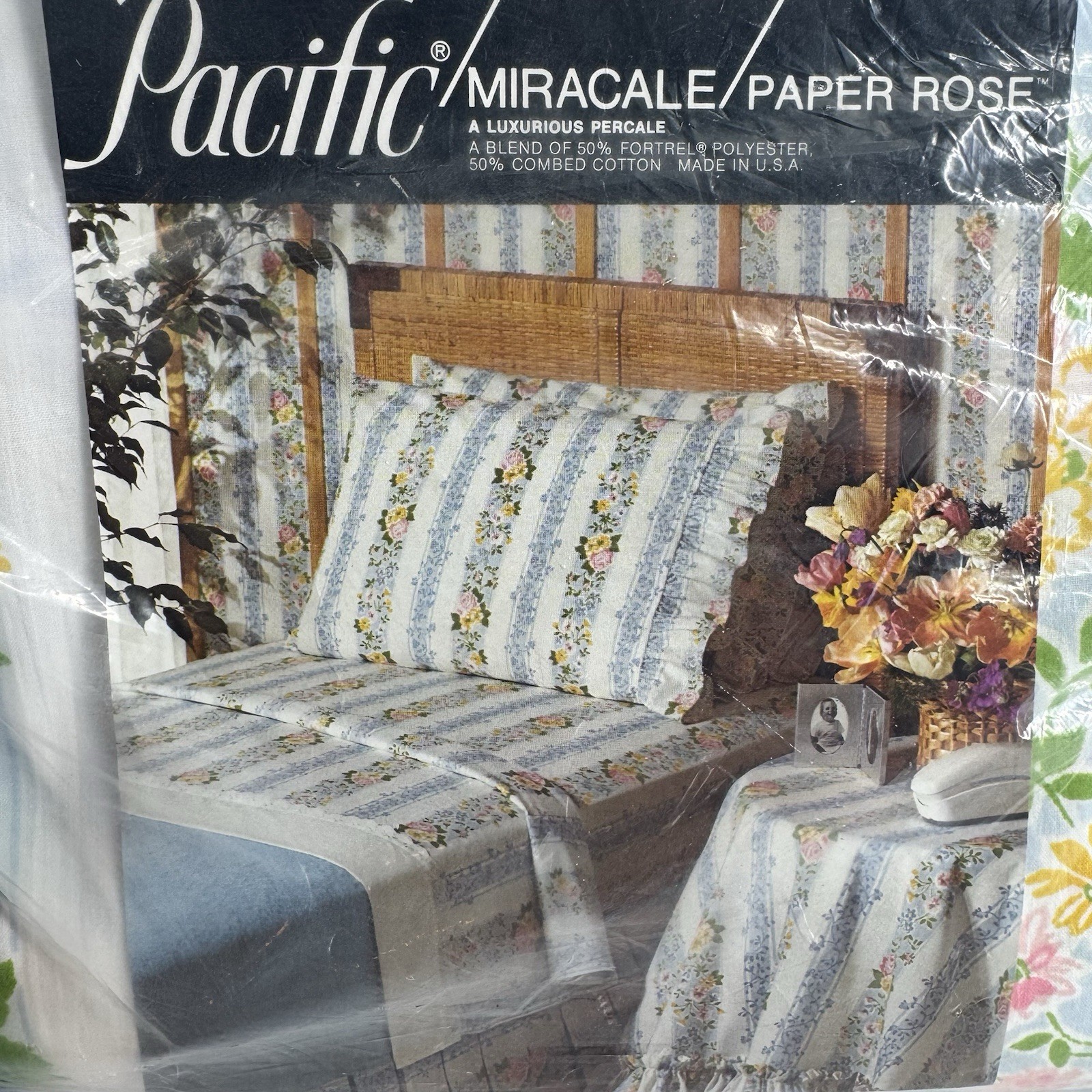 Pacific Miracale Double Fitted Sheet Paper Rose Floral BRAND NEW Vtg Linen NOS gallery