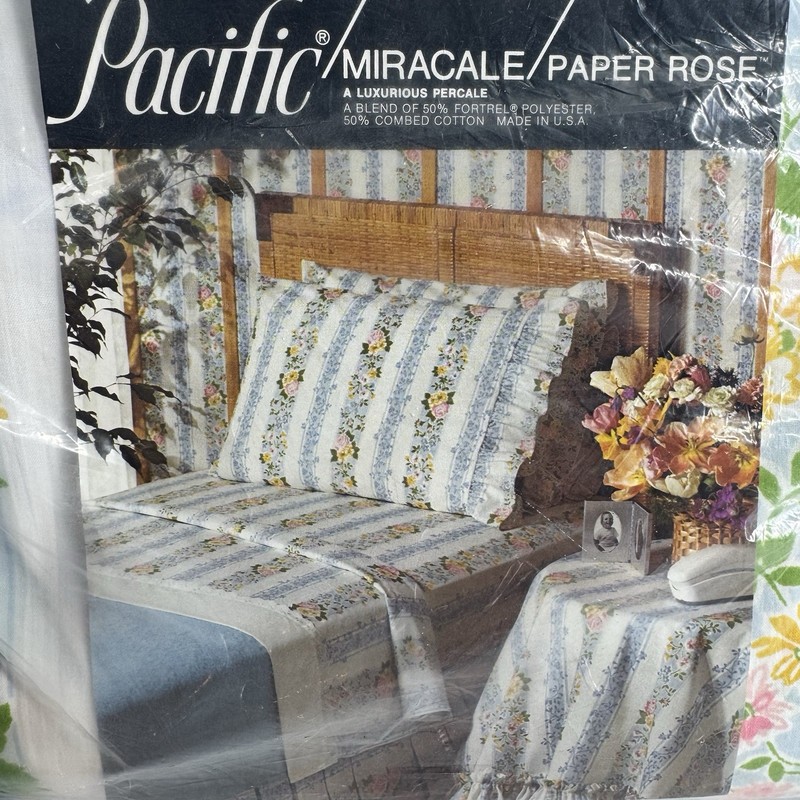 Pacific Miracale Double Fitted Sheet Paper Rose Floral BRAND NEW Vtg Linen NOS gallery