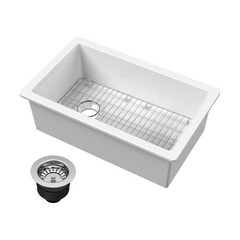 Nuie Undermount Kitchen Sink with Chrome Drainer, Wire Grid, Fire Clay 31x19x10″
