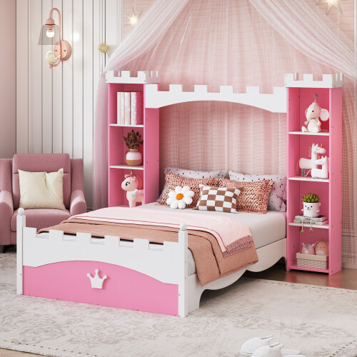 Castle-Shaped Platform Bed with Storage Shelves Both Side Wooden Bed Frames Twin gallery
