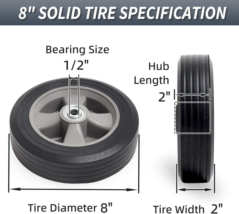 8" X 2" Solid Rubber Flat-Free Tire and Wheel, with Ball Bearings and 1/2” Axle gallery