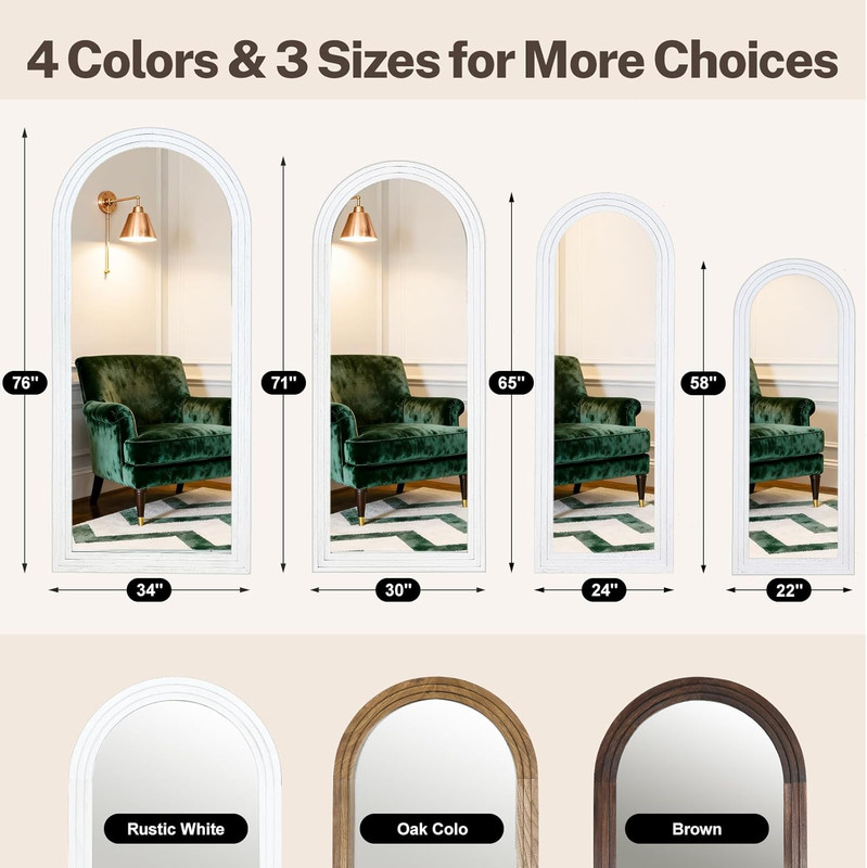Arched Solid Wood Full Length Mirror 76"x34" - Rustic White Floor & Wall Mount gallery