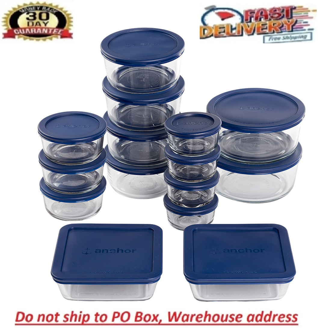 Anchor Hocking Clear Glass Food Storage Containers 30 Pieces Set with Navy Lids gallery