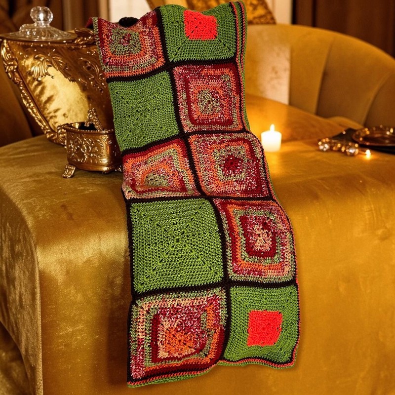 Hand Crocheted Granny Square Throw Blanket Boho Cottagecore Green Coral Afghan gallery