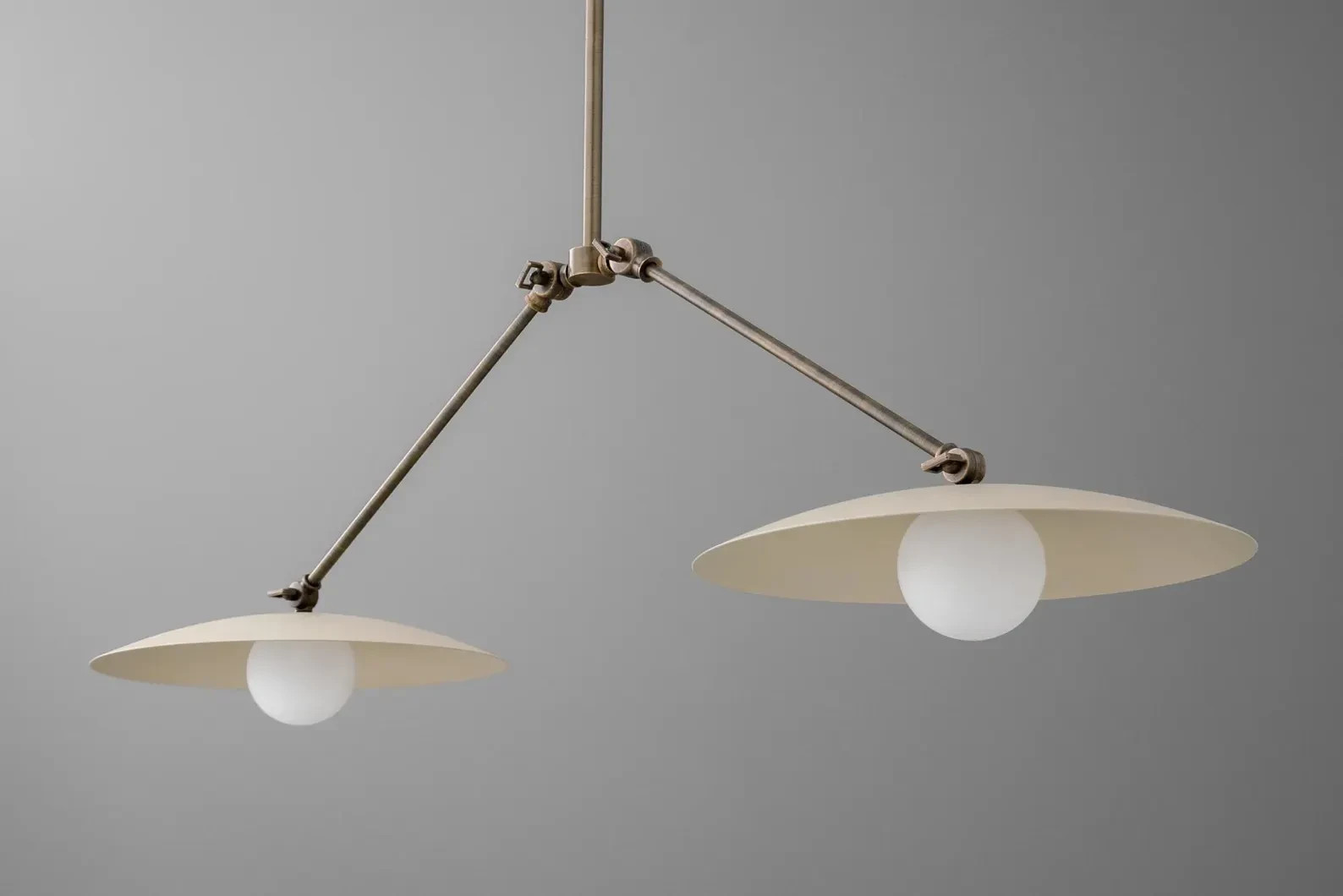 Mid Century Design Two Shade Brass Chandelier Off White Shade Premium Lamp gallery