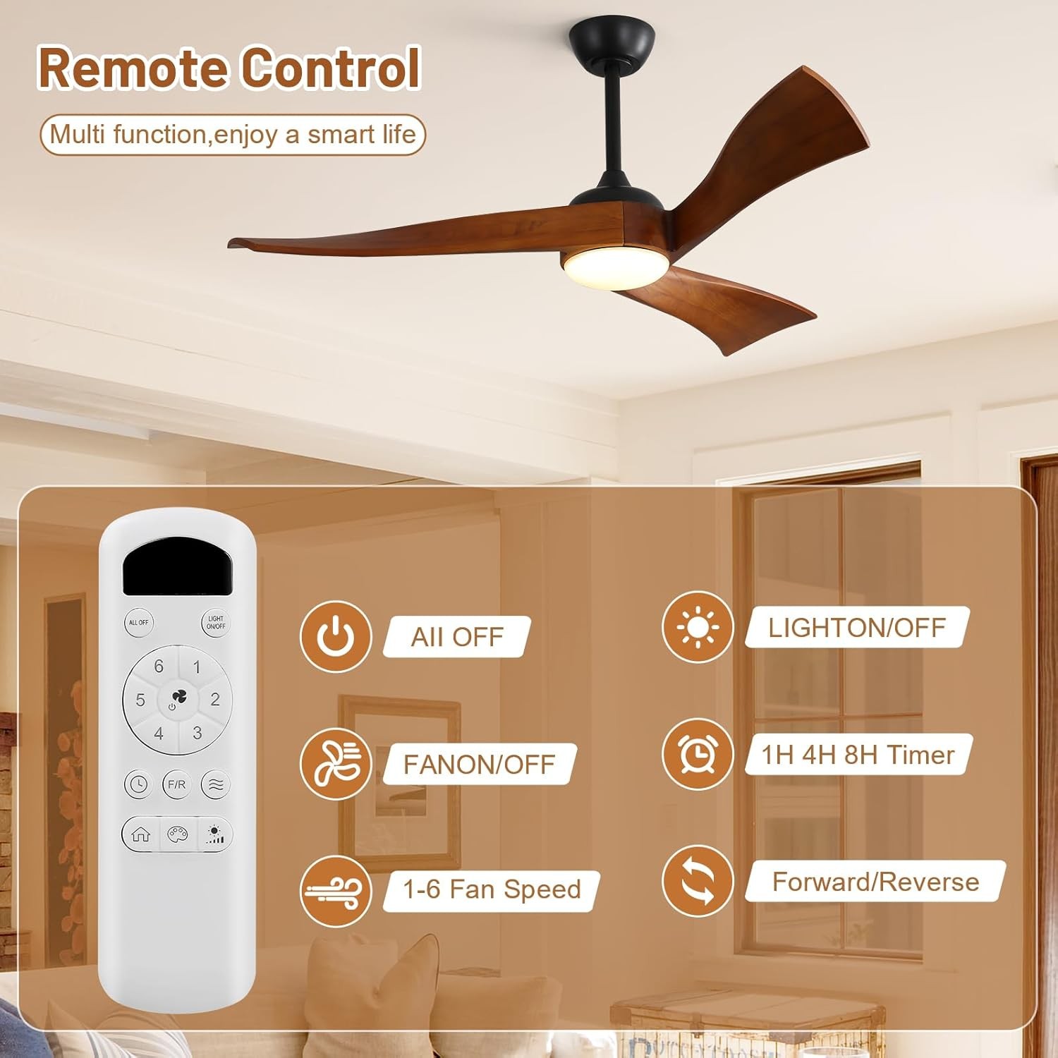 Modern Solid Wood Ceiling Fan with Remote & Reversible DC Motor fr Bedroom Patio gallery