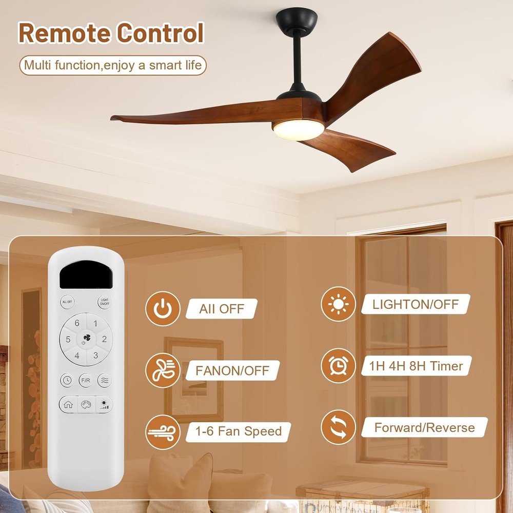 Modern Solid Wood Ceiling Fan with Remote & Reversible DC Motor fr Bedroom Patio